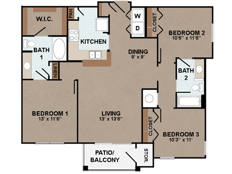 Brookside Gardens Three Bed Two Bath Floor Plan
